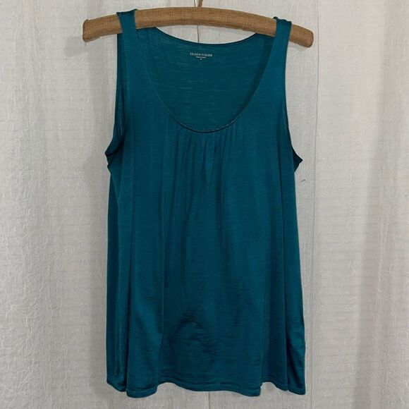Eileen Fisher M Turquoise Green Pleated Front Scoop Silk Cotton Blend Tank Top - Picture 1 of 11